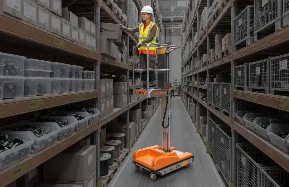 Mitarbeiter kommissioniert auf ergonomischer Arbeitshöhe mit einem ELEVAH